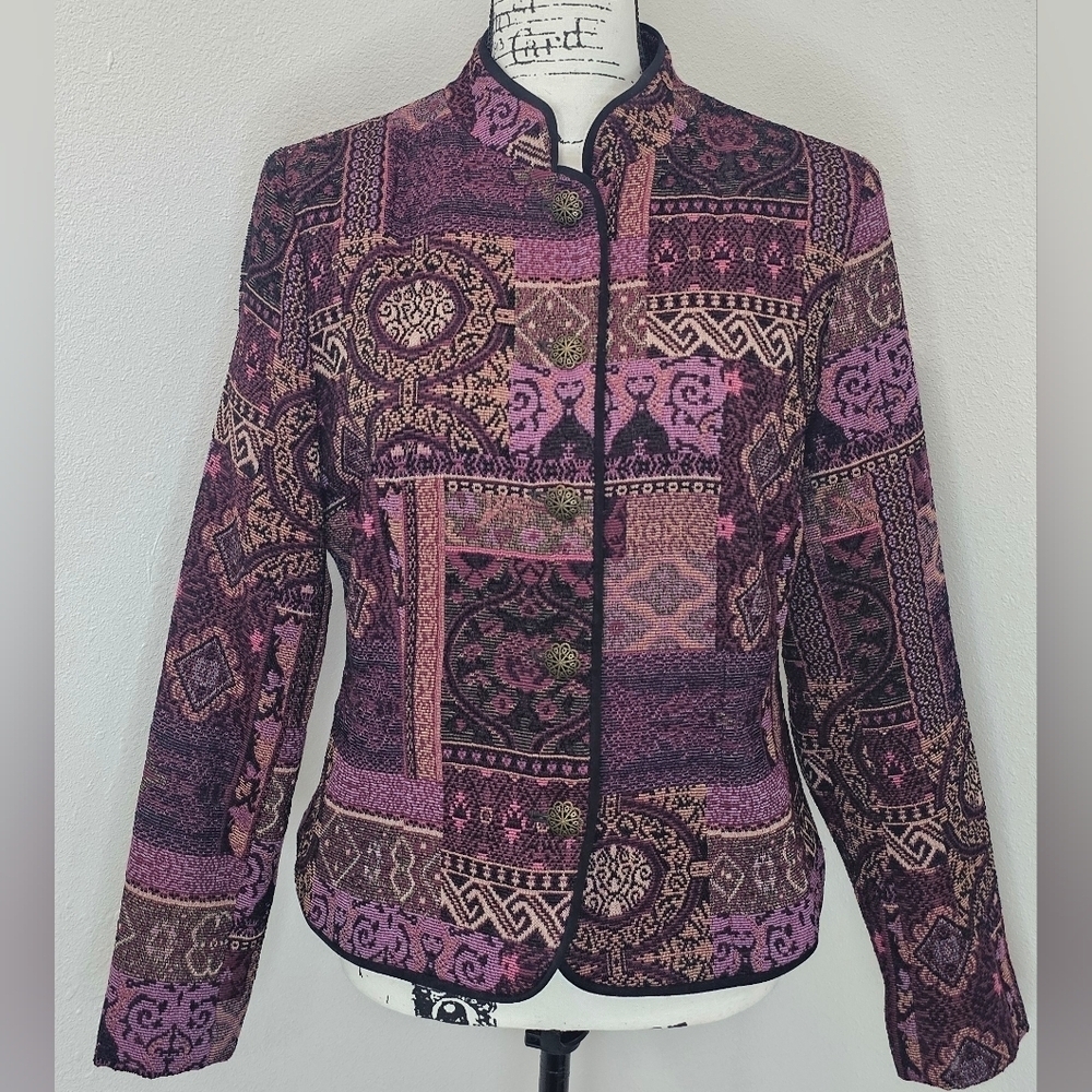 Christopher & Banks Tapestry Button Up Jacket Womens Medium Bohemian Patchwork